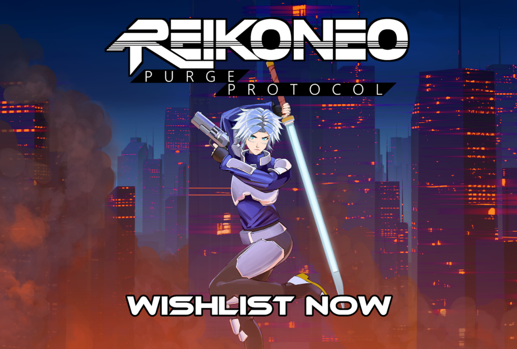 Reikoneo: Purge Protocol. A woman with spikey white hair falls down into a flaming city with her toe tipped toward the ground and her other leg up almost as if she's a ballerina, she has a revolver in one hand and a sword held swung over her shoulder in the other. Wishlist on steam now!